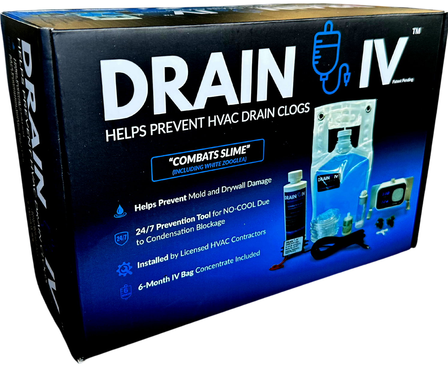 HVAC drain line treatment system DRAIN IV for drain line clogs